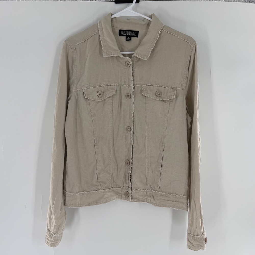 Nicole Miller Original Tan 100% Linen Frayed Raw Hem Trucker Jacket Womens M